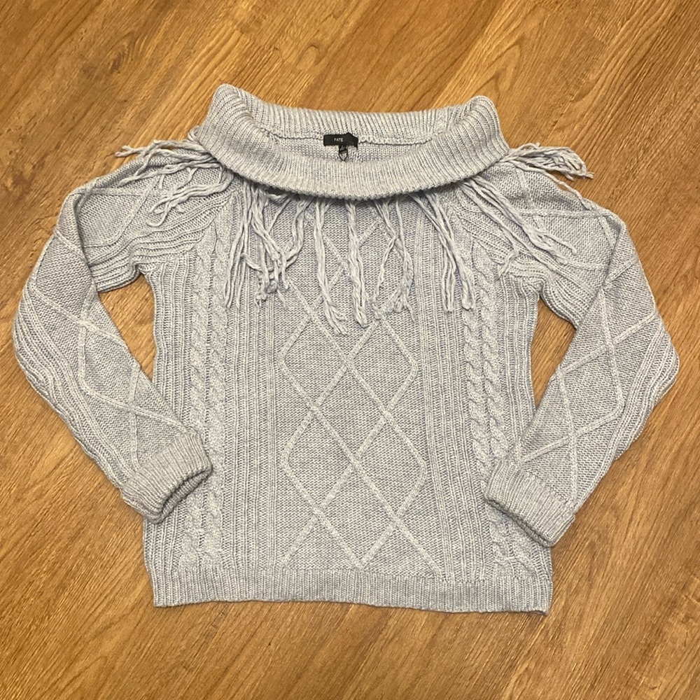 Fate Gray Blue Fringe Cable-knit Sweater